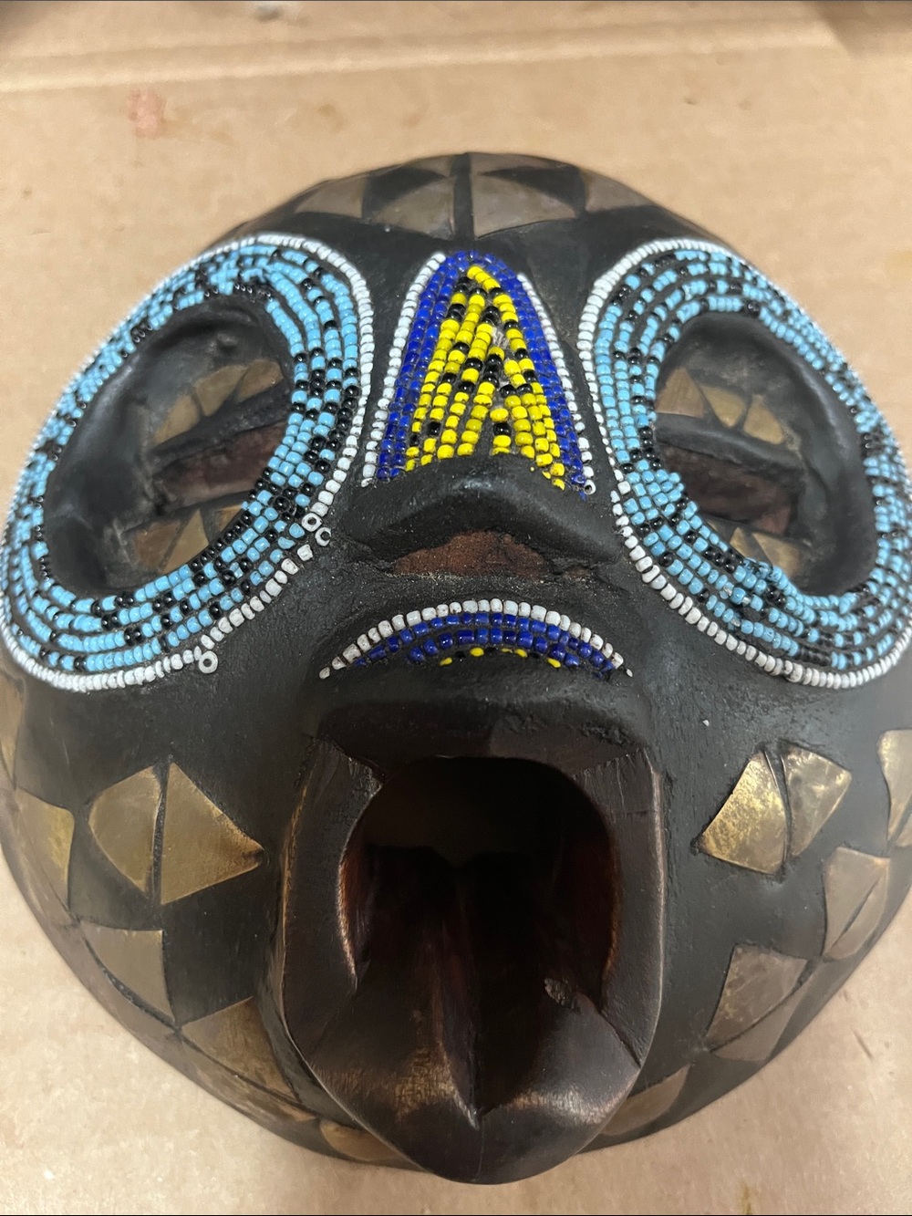 Handcrafted Black Wooden Beaded Tribal Wall Mask - Blue & Yellow Accents African